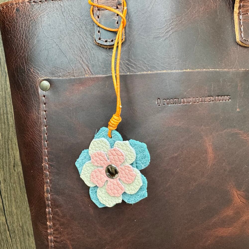 Leather Charm Flower Bag Charm Genuine Leather Blue Pink Purse Keychain
